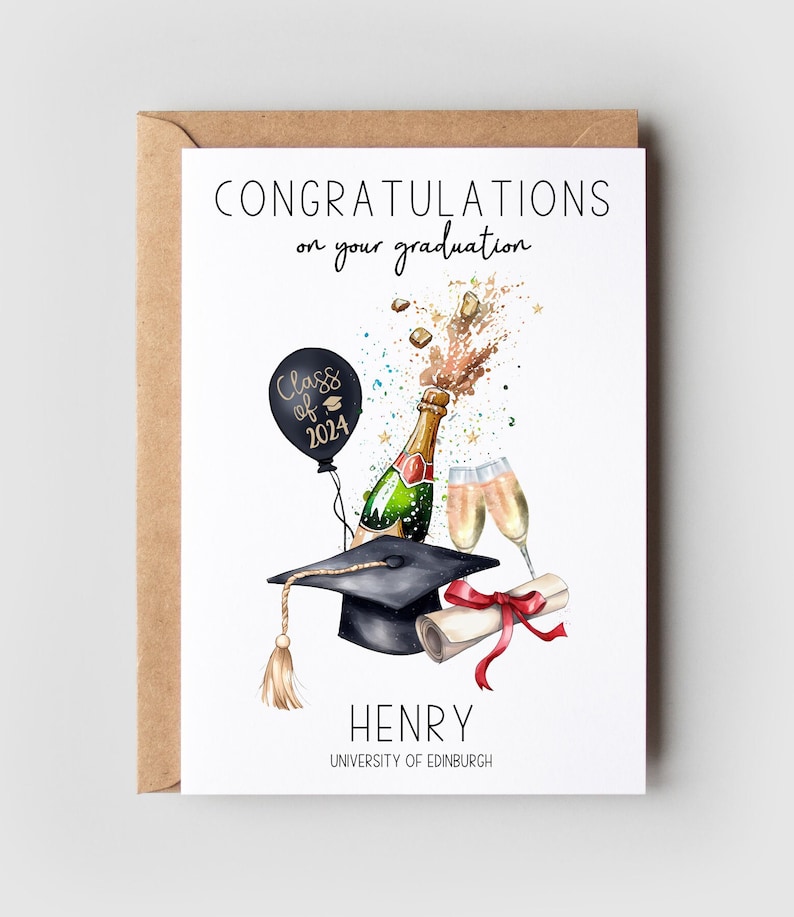 Congratulations on your graduation. Class of 2024 on the balloon. Champagne bottle and glasses. Personalised with the name and university