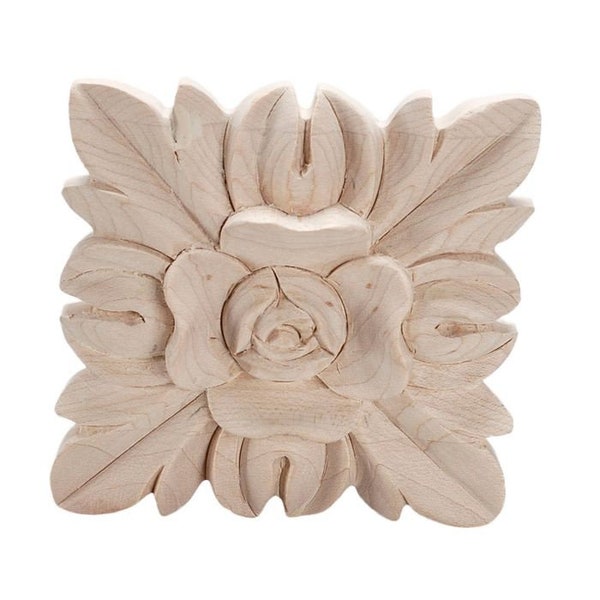 Unfinished Hand Carved North American Solid Hard Maple Wood Onlay Floral Wood Applique by American Pro Decor, 2-1/2"Dia x 1/2"D