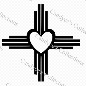 May include: A black and white graphic design of a heart inside a cross with four lines extending from the center of the cross.