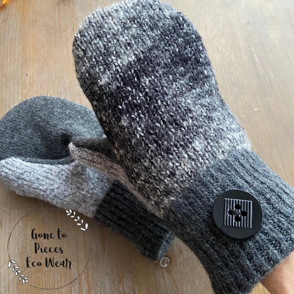 Sweater Mittens - Black and Gray  - repurposed - upcycled - eco friendly - ONE SIZE