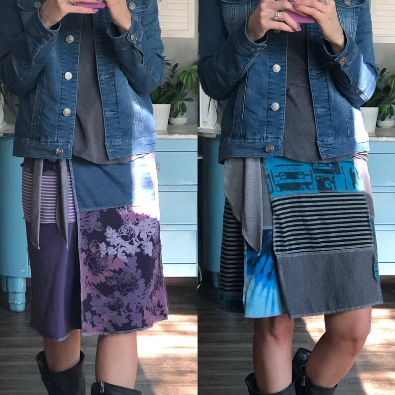 one size Fits PLUS Women/'s XL to 3XL earth friendly fashion Upcycled Wrap Skirt 25 length Garden Party recycled t-shirts