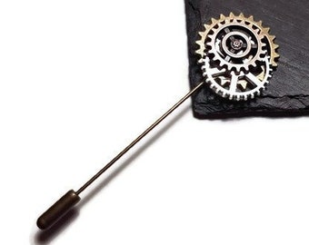 Steampunk Lapel Pin Clockwork Lapel Pin Cog & gears Tie Pin Tie Tack Brooch Back Pin Clock Hands Watch Parts Jewelry Steampunk Wedding Brass