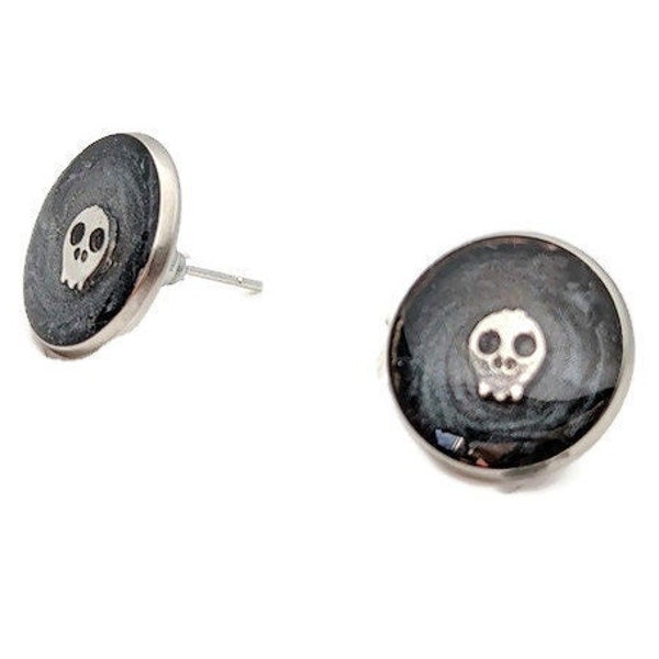 Skull Stud Earrings, Black and Silver Tone Earrings, Alternative Gift for Her, Halloween Inspired Jewelry, Gothic Epoxy Resin Accessory