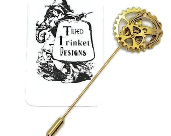Gold Steampunk Brooch, Clock Parts Lapel Pin, Steam Punk Scarf Pin, Watch Gears Stick Pin, Hat Pin, Scarf Pin, Clockwork Jewellery