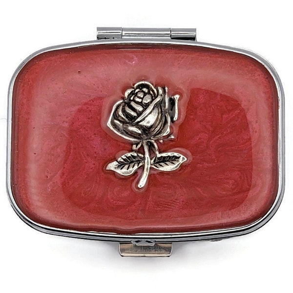 Red Rose Pill Box, Flower Mint Case, Silver Garden Medication Holder, Small Pill Box, Pill Case, Vitamin Box, Sweet Box, Gardener Gift