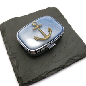 Anchor Pill Box, Nautical Pill Case, Sailor Mint Box,  Blue Bronze Maritime Pirate Medication Holder, Small Pill Box, Ship Holiday Gift Idea