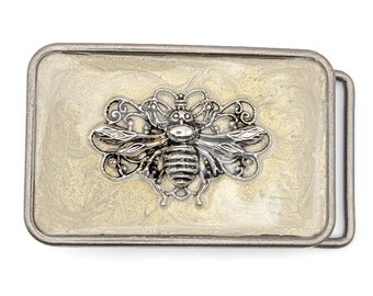 Silver Bee Belt Buckle: Hand-painted Enamel, Vintage Art  display picture 3