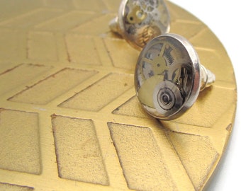 Silver Watch Part Studs, Clockwork Mismatched Earrings, Statement Earrings, Steampunk Piece, Gift for her him, Unique Present, Resin Earring