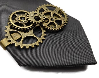 Bronze Steampunk Tie Clip - Clockwork Tie Bar made from Watch parts - Brass Vintage Retro Mens Victorian Style Gift for Him, Edwardian Style