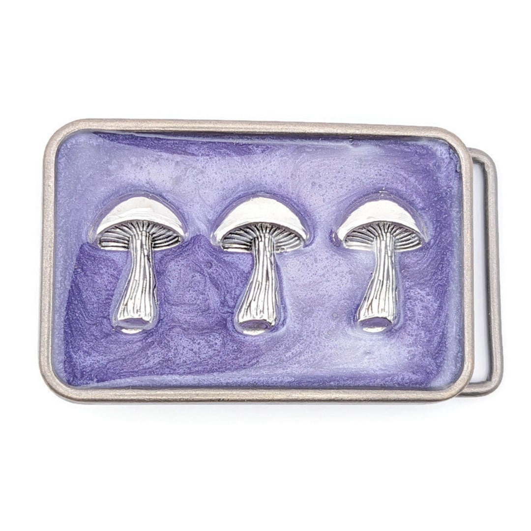 Handmade Silver Mushroom Belt Buckle, Purple Resin, Nature 