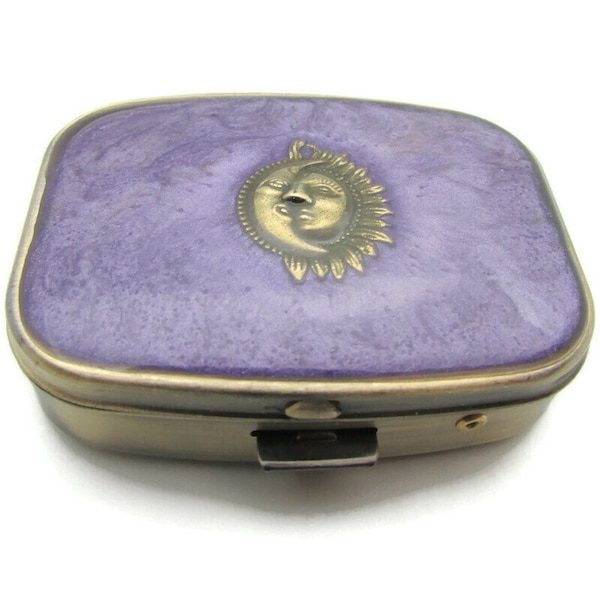 Sun Moon Purple Pill Box, Celestial Mint Case, Antique Bronze Small Pill Box, Vitamin Medication Holder, Pill Case, Sweet Box, Gift for Him