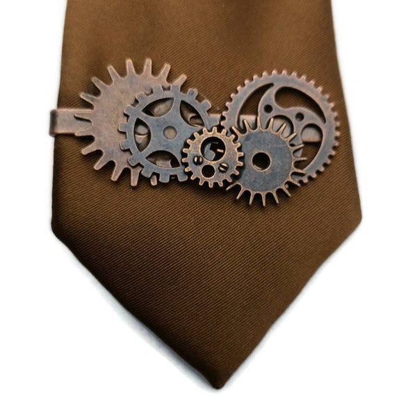 Clip de cravate Steampunk en cuivre, Tieclip fabriqué à partir d’engrenages et de rouages, Pièces de montre, Tie Bar Costume Pin Cadeau pour lui mari Petit ami, Accessoire de mariage