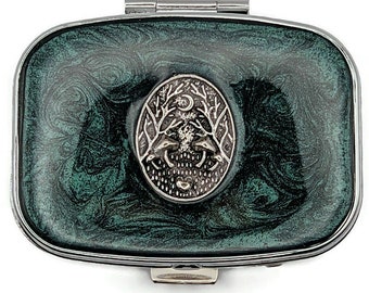 Dark Forest Mushroom Pill Box: Iridescent Green Resin, Silver Tone