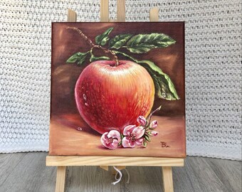 0riginal Oil Painting. 8"x 8", "Apple" with easel. artwork, home décor, good as gift for your friends