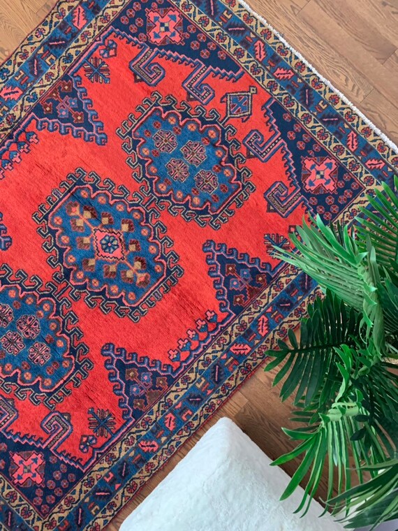 Vintage Orange And Blue Geometric Rug