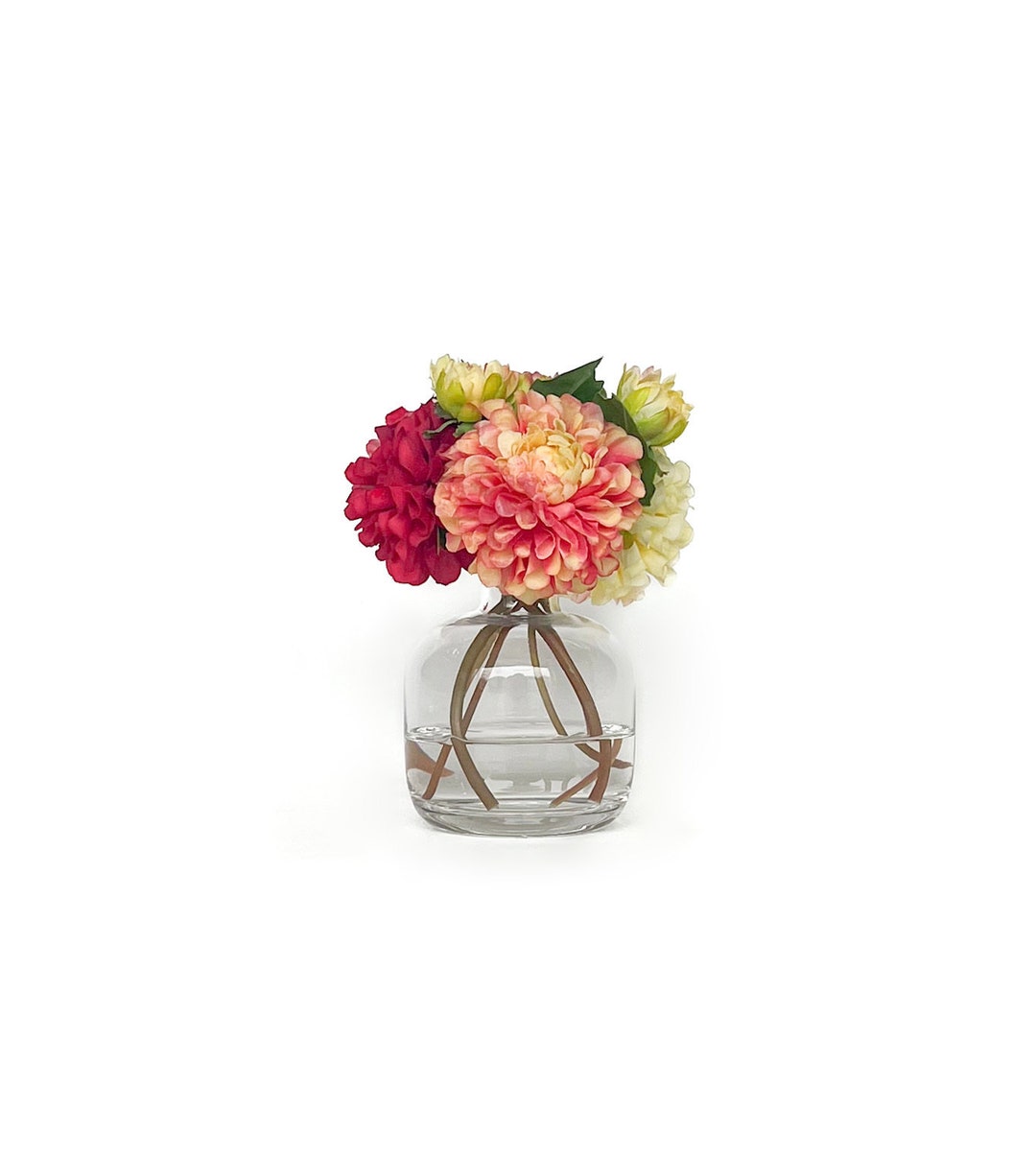 Dahlia. Luxury Faux Flowers in Acrylic Water in a Glass Vase. Accent