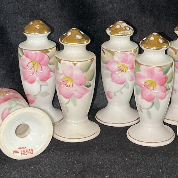 Noritake Azalea Shakers, Individual Salt Shakers Hand Painted China Shakers with 7-Holes and Red Backstamp, 1918-1930 Antique
