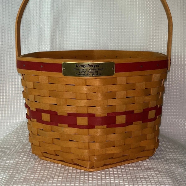 Longaberger Red Snowflake Basket with Swing Handle, 9x6.5 Hexagon Shape Woven Wood 1997 Christmas Collection Basket, FREE Shipping
