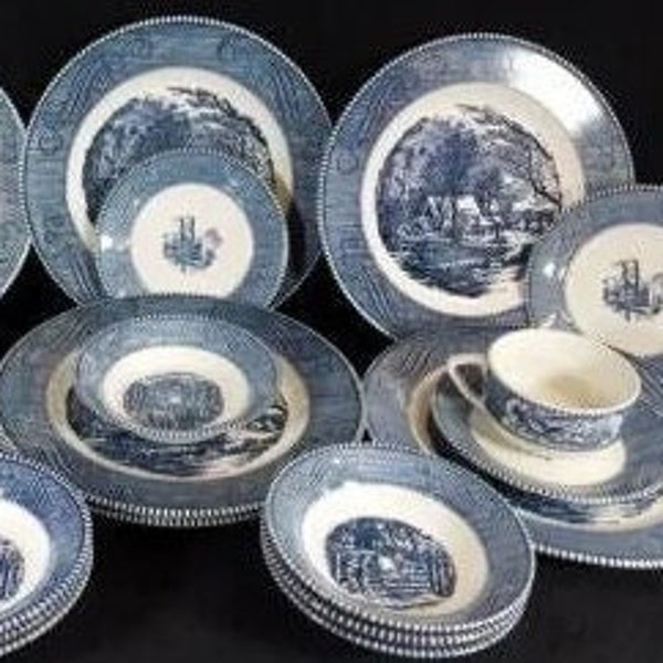 Currier & Ives Blue Dishes by Royal China USA, Plates, Bowls, Cups, Saucers, Creamer, Sugar Bowl (No Lid), Midcentury Vintage Replacements