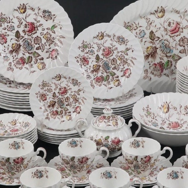 Staffordshire Bouquet Dishes by Johnson Brothers, Brown Transferware with Swirled Rims, Hand Painted Multicolor Floral Design, Replacements