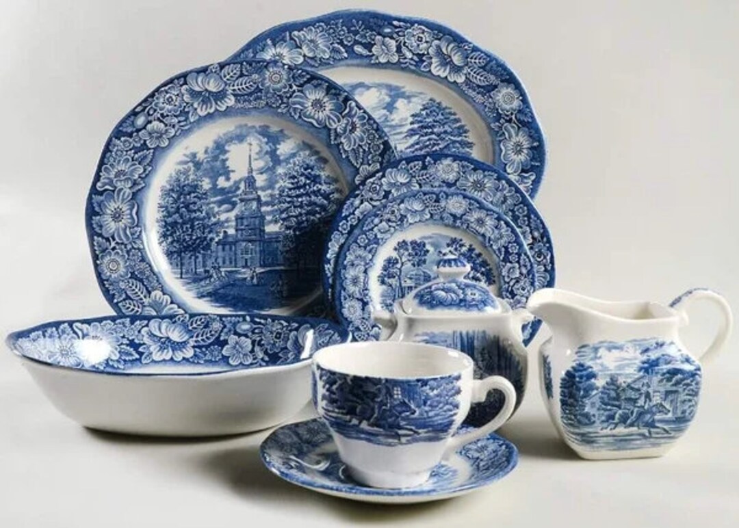Liberty Blue Dishes With Historical Colonial Scenes From Staffordshire