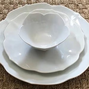 White Lotus Fine White Porcelain Flower Shaped Bowls and Plates, Various Size Footed Bowls, Dinner Plates & Salad Plates, Vintage