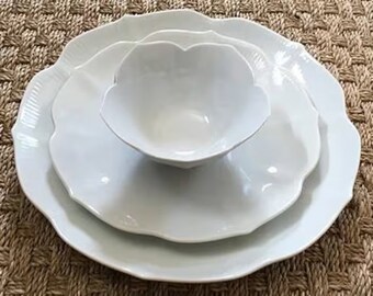 White Lotus Fine White Porcelain Flower Shaped Bowls and Plates, Various Size Footed Bowls, Dinner Plates & Salad Plates, Vintage