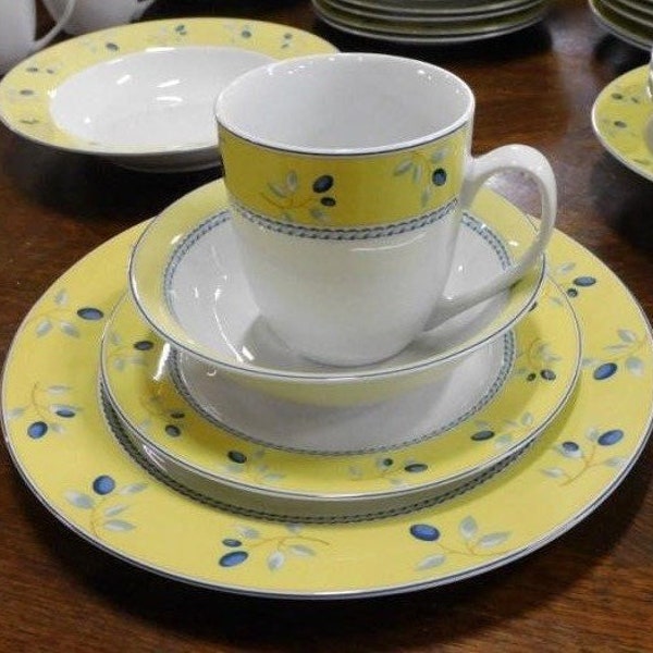 Blueberry Dishes by Royal Doulton, Mugs, Plates, Bowls, Creamer, Sugar Bowl, S&P Shakers, Platters, Yellow Rims with Blueberries, Retired