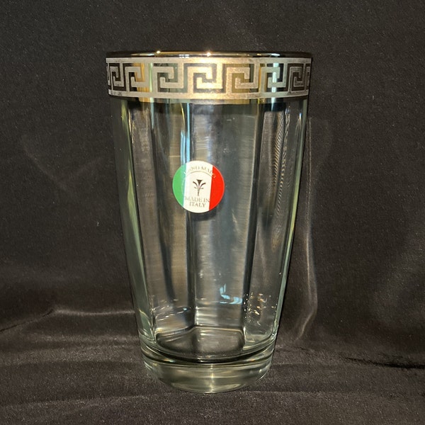 Fratelli Crystal Highball Glasses with Silver Platinum Greek Key Pattern Rims, Hand Made in Italy, 5.5" Drinking Glasses