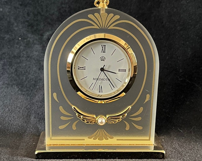 Mikimoto Small Table Clock With Gold Winged Pearl, Elegant Mikimoto