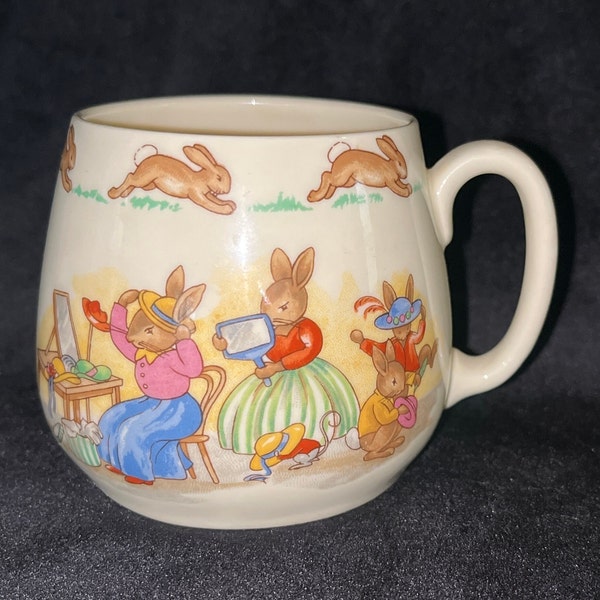 Bunnykins Child's Cup by Royal Doulton, Mug with Bunnykins Trying on Hats, Vintage Collectible Gift