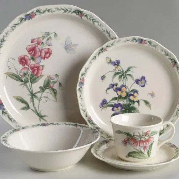 Noritake Conservatory Dishes, Plates, Bowls, Flat Cup & Saucer, Creamer, Sugar Bowl, Serving Bowl, Platter with Floral and Butterfly Designs