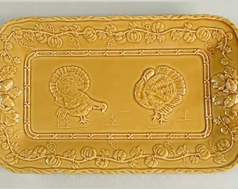 Turkey Yellow Rectangular Serving Platter by Bordallo Pinheiro, 13" Golden Yellow Glazed Ceramic Tray with Autumn Designs, Free Shipping