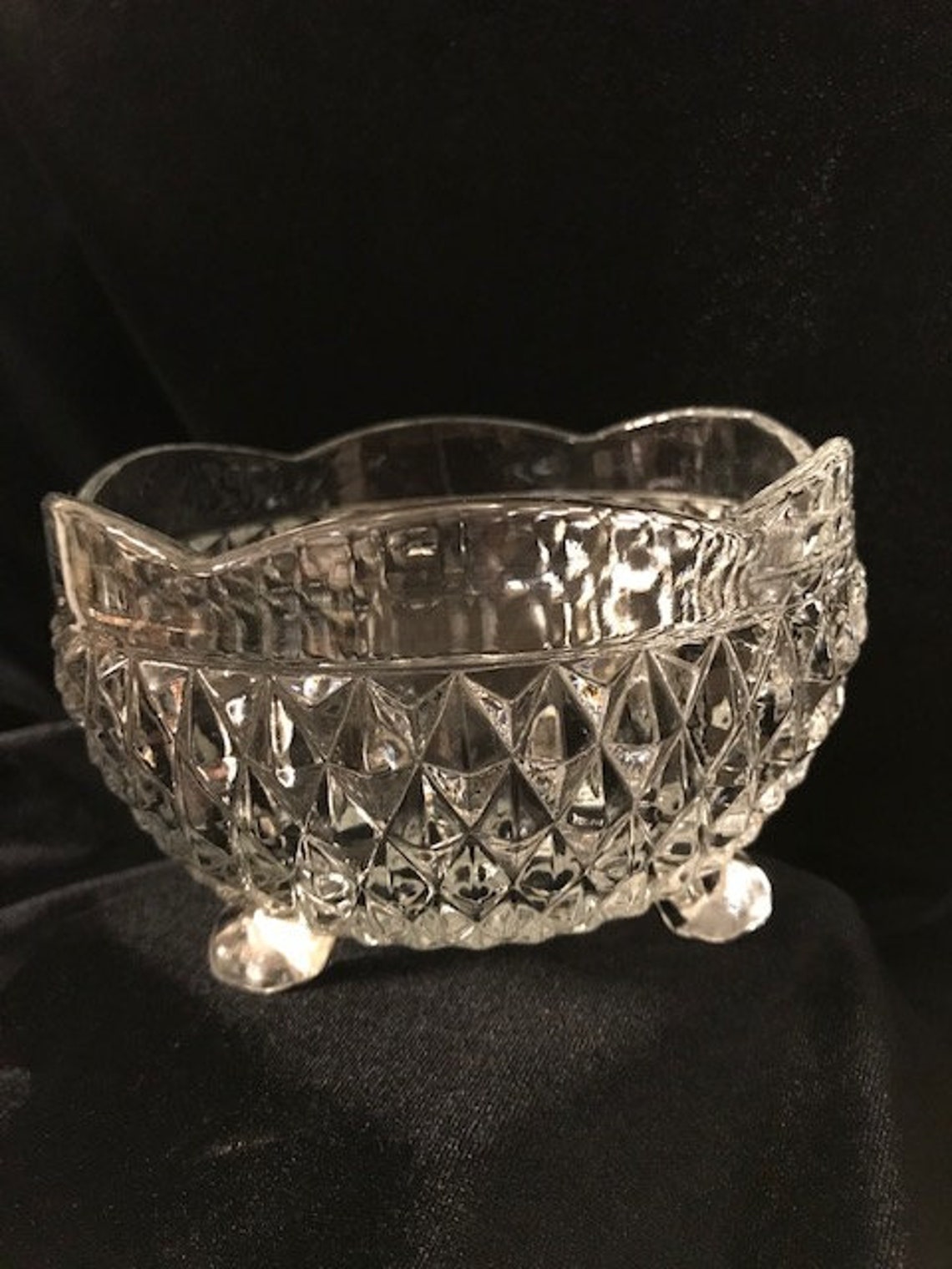 Diamond Cut Glass Footed Candy Dish Vintage Collectible Gift Etsy