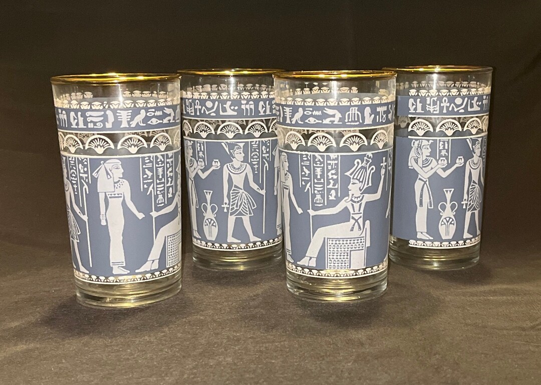 Egyptian Themed Glassware in Sets of 4, Tumblers, Highballs & Juice