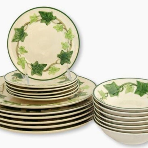 Franciscan Ivy USA Dishes Cereal Bowls and Bread & Butter Plates Hand Painted with Green Rims and Ivy Leaf Designs, Vintage Franciscan Ware