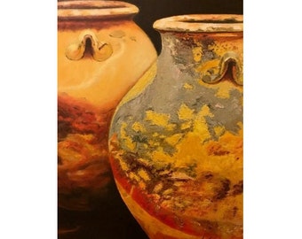 French Olive Jars Painting by Susie Johnson, Artist Signed Original Oil Painting on Wrapped Canvas, Olive Jars, Clay Jars, Pottery,
