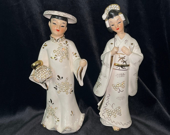 Two Oriental Figurines by Lefton, White Porcelain Asian Figurines With
