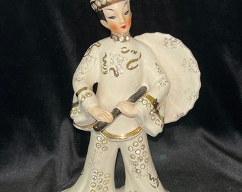 Lefton Oriental Figurine 10245 White Porcelain Asian Figure with Rhinestones & Gold Accents, Made in Japan, 1950's Vintage Collectible Gift