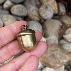 May include: A small, acorn-shaped pendant made of polished brass. The pendant has a loop at the top for a chain or cord. The acorn's cap is a darker shade of brass than the body. The background is blurred with rocks and foliage.