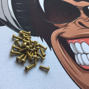 Könnte beinhalten: Ein Haufen von 20 goldfarbenen Schrauben mit einer einzelnen Schraube, die separat auf einer weißen Oberfläche mit einem Cartoon-Affenkopf im Hintergrund liegt.