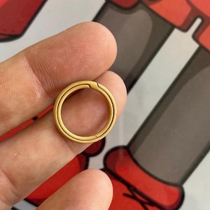 Puede incluir: Un pequeño anillo dorado con un diseño circular. El anillo se sostiene entre dos dedos, mostrando su forma simple pero elegante. El anillo parece ser de metal y tiene una superficie lisa y pulida.