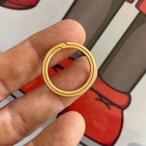 以下が含まれることがあります： 金色のスプリットリングキーホルダー。円形で、鍵を取り付けるためのスプリットが付いています。リングは人の手で持たれており、背景は赤と黒の要素でぼやけています。