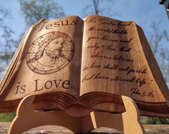 Beautiful Cherry Bible Book With Stand. Wood Carved Display Piece, Engraved John 3:16 Bible Verse and Picture of Jesus. 8" x 5" x .625"