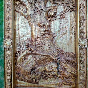Fantasy Tree Spirit of the Woods, 3D Wood Carving Wall Hanging.