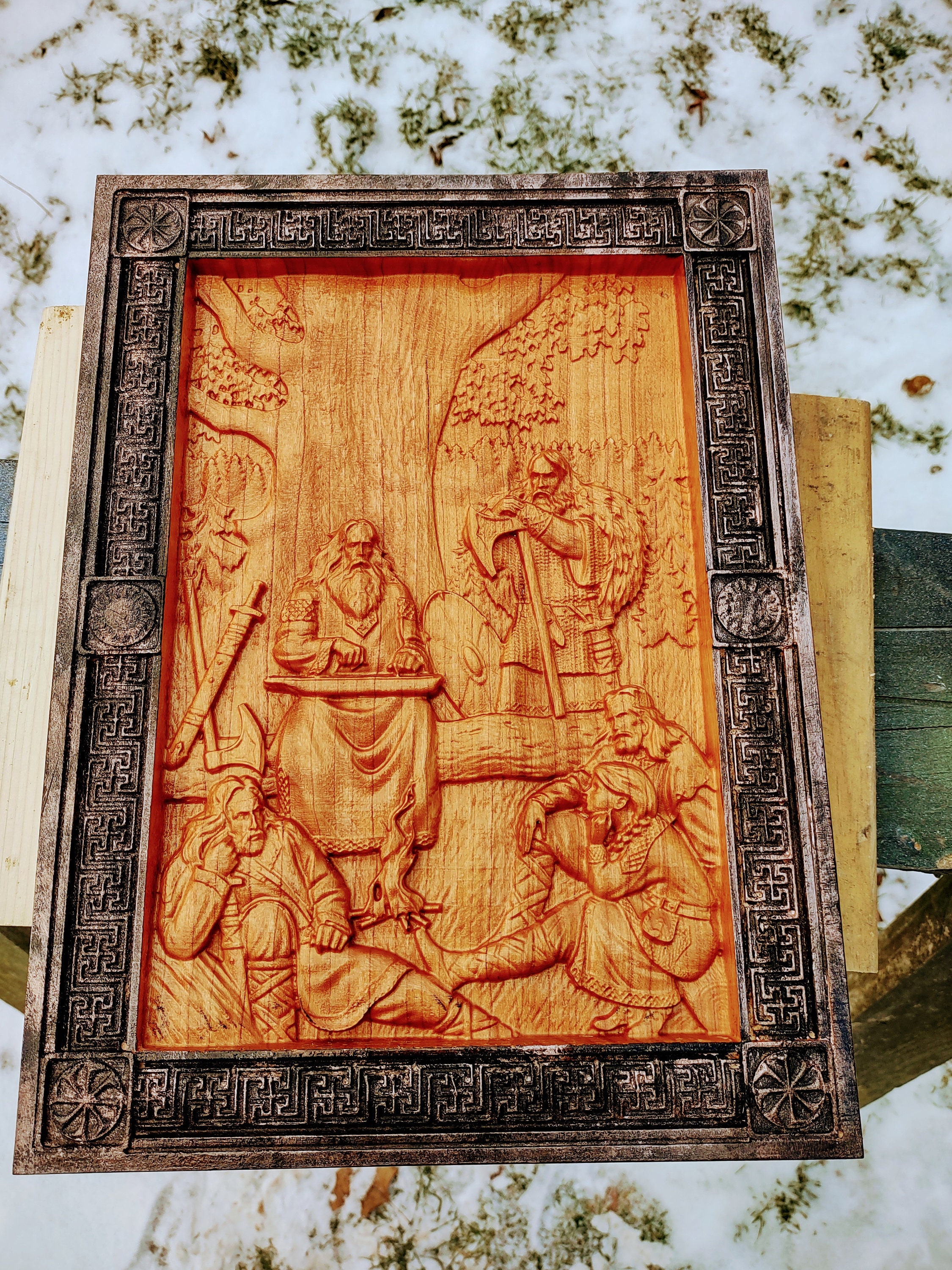 Viking High Detail Relief Wood Carving. Forest Scene with Camp Fire an Antique Hand Painted Frame.