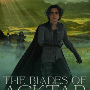 Puede incluir: Portada de libro con una ilustraci&oacute;n de fantas&iacute;a de un hombre con una capa oscura y una espada, con un paisaje verde de fondo. El t&iacute;tulo del libro es "The Blades of Acktar: Defy Book 3".