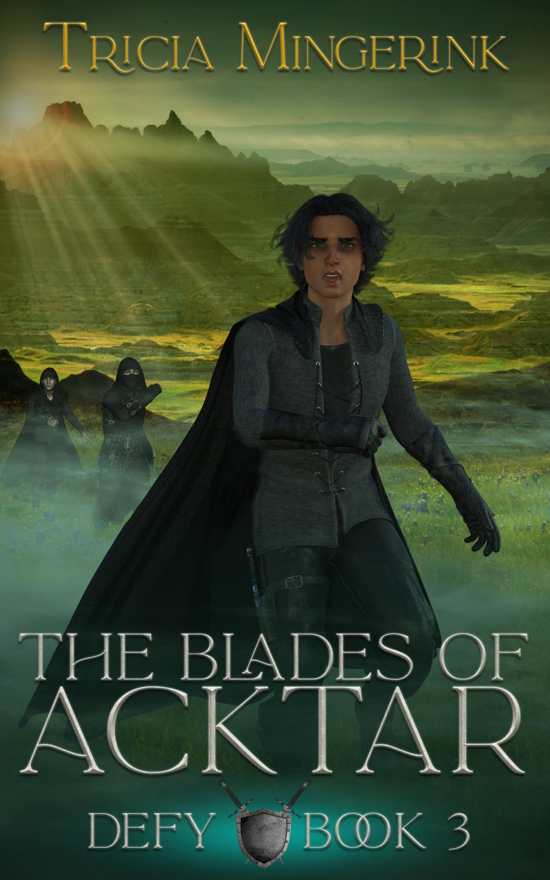 Puede incluir: Portada de libro con una ilustraci&oacute;n de fantas&iacute;a de un hombre con una capa oscura y una espada, con un paisaje verde de fondo. El t&iacute;tulo del libro es "The Blades of Acktar: Defy Book 3".
