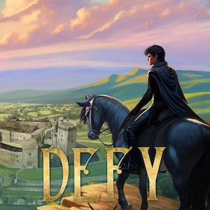 Puede incluir: Una portada de novela fant&aacute;stica con un joven montando un caballo negro en un acantilado con vistas a un castillo. El t&iacute;tulo "DEFY" est&aacute; en letras doradas con un emblema de espada y escudo debajo. El t&iacute;tulo del libro es "The Blades of Akttar" y el autor es "Tricia Mingerink".
