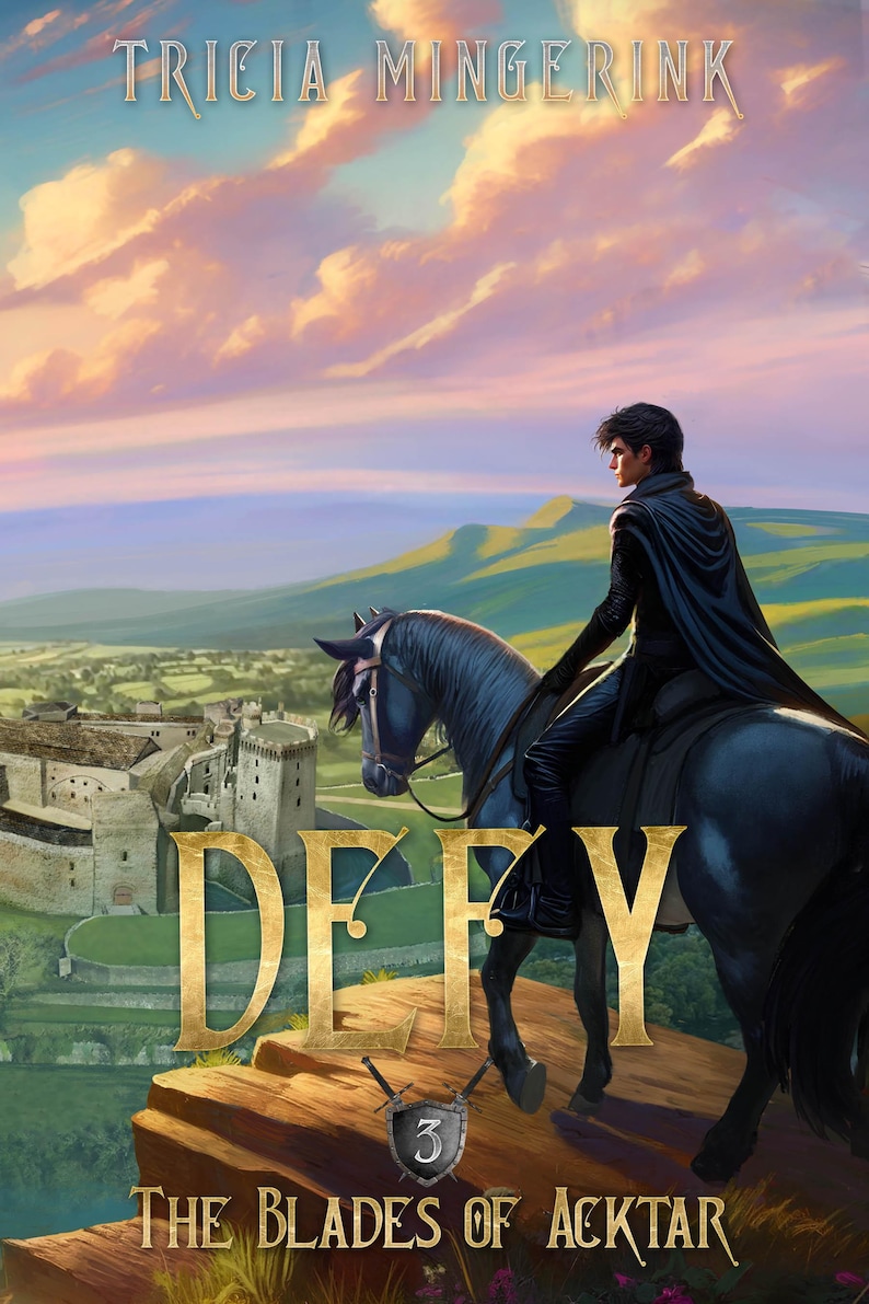 Puede incluir: Una portada de novela fant&aacute;stica con un joven montando un caballo negro en un acantilado con vistas a un castillo. El t&iacute;tulo "DEFY" est&aacute; en letras doradas con un emblema de espada y escudo debajo. El t&iacute;tulo del libro es "The Blades of Akttar" y el autor es "Tricia Mingerink".